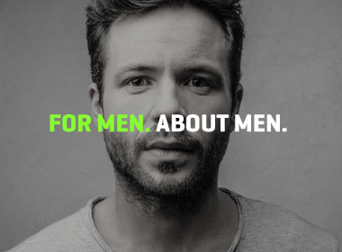 Man starring at camera, with "For Men. About Men" text overlaid