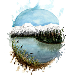 Island Clinical Counselling Logo featuring watercolor image of mountains and water