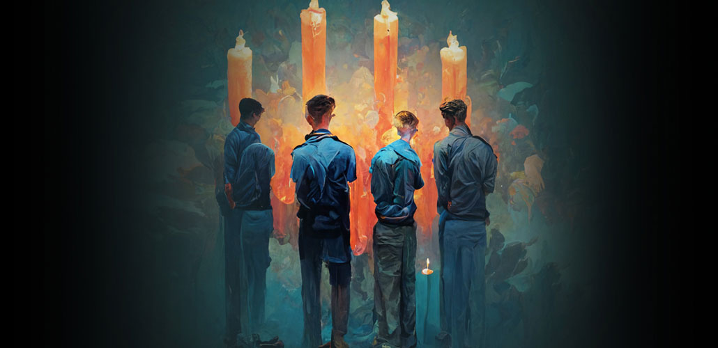 Digital painting of four men standing in front of candles