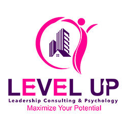 Logo that Depicts an Abstract Human Icon surrounding buildings, with Level Up text beneath