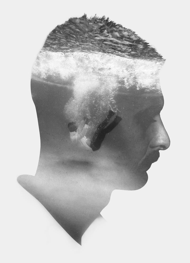 A double exposure of a man's head and him falling into water