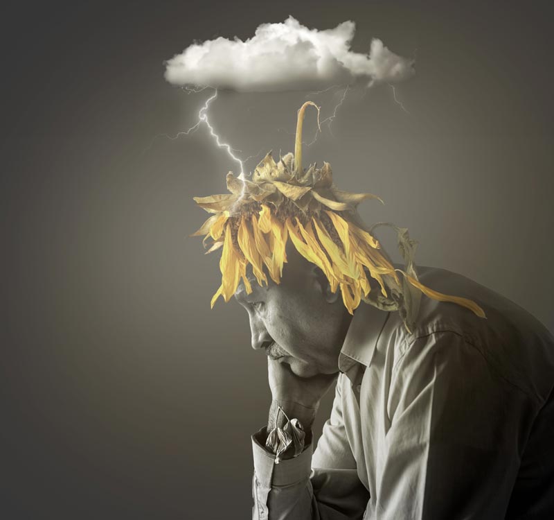 Concept Photo of Man with Sunflower and Thunderstorm on Head