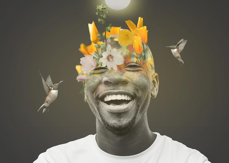 Concept Photo of Man with Flowers and Hummingbirds at Thoughts