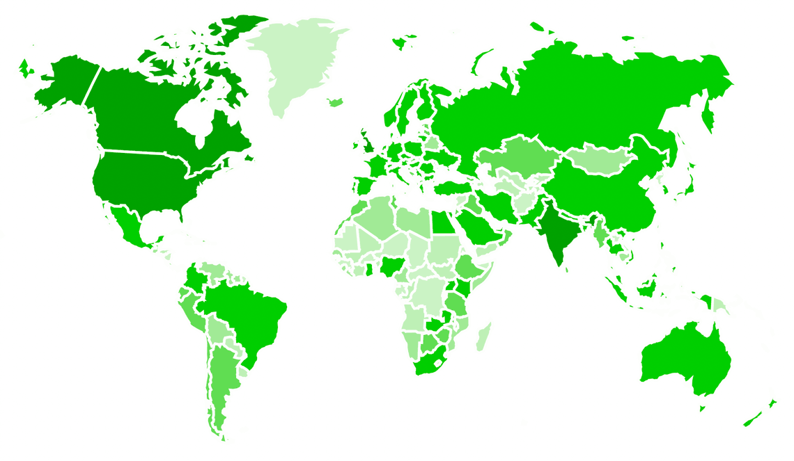 World map with countries highlighted by amount of website traffic