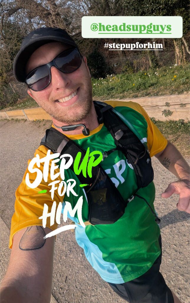 Photo of man running with HeadsUpGuys IG Sticker, tag, and hashtag