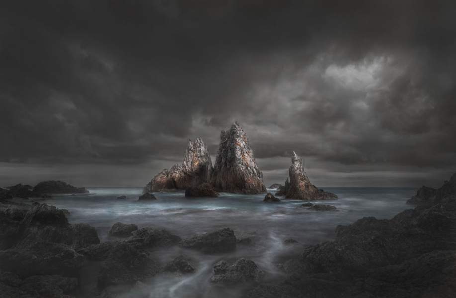 Stormy view of rocky oceanscape
