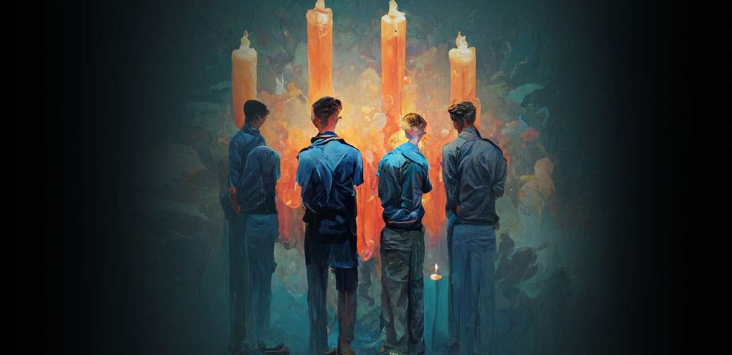 Digital painting of four men standing in front of candles