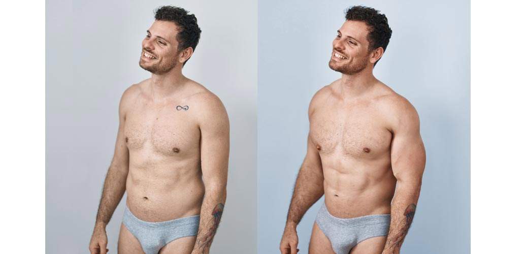 Shirtless man before and after digital enhancing