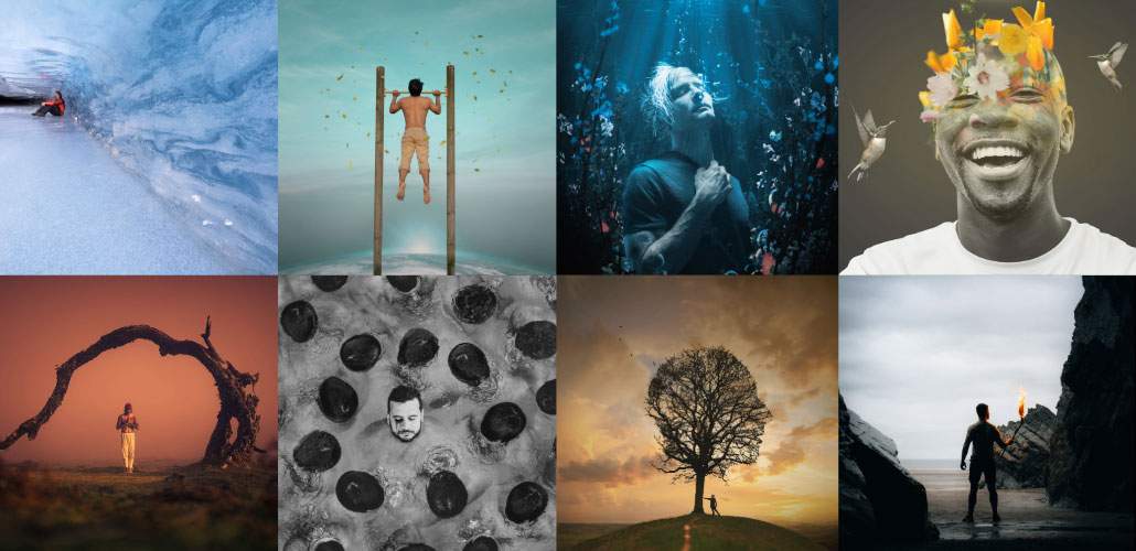 Collage of photos exploring self care for men's mental health